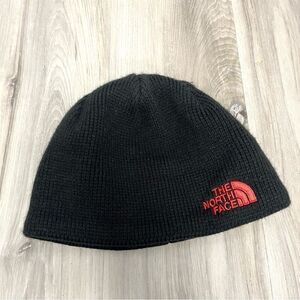 The North Face Hat Boys Medium Black and Red Logo Knit Beanie